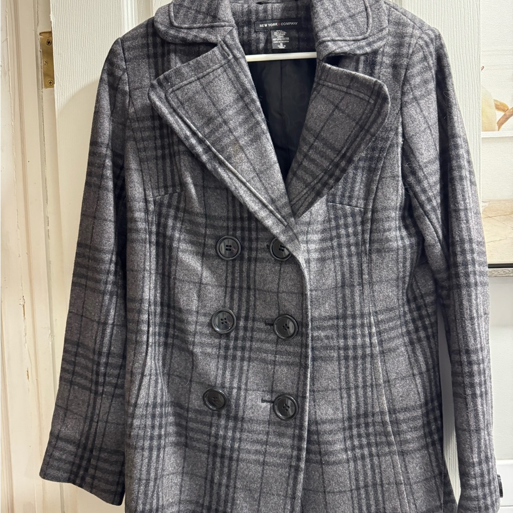 New York & Company Charcoal Plaid Pea Coat